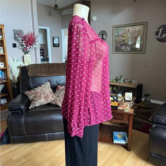 French Connection sheer red & white long sleeve blouse-size L - Picture 3 of 9